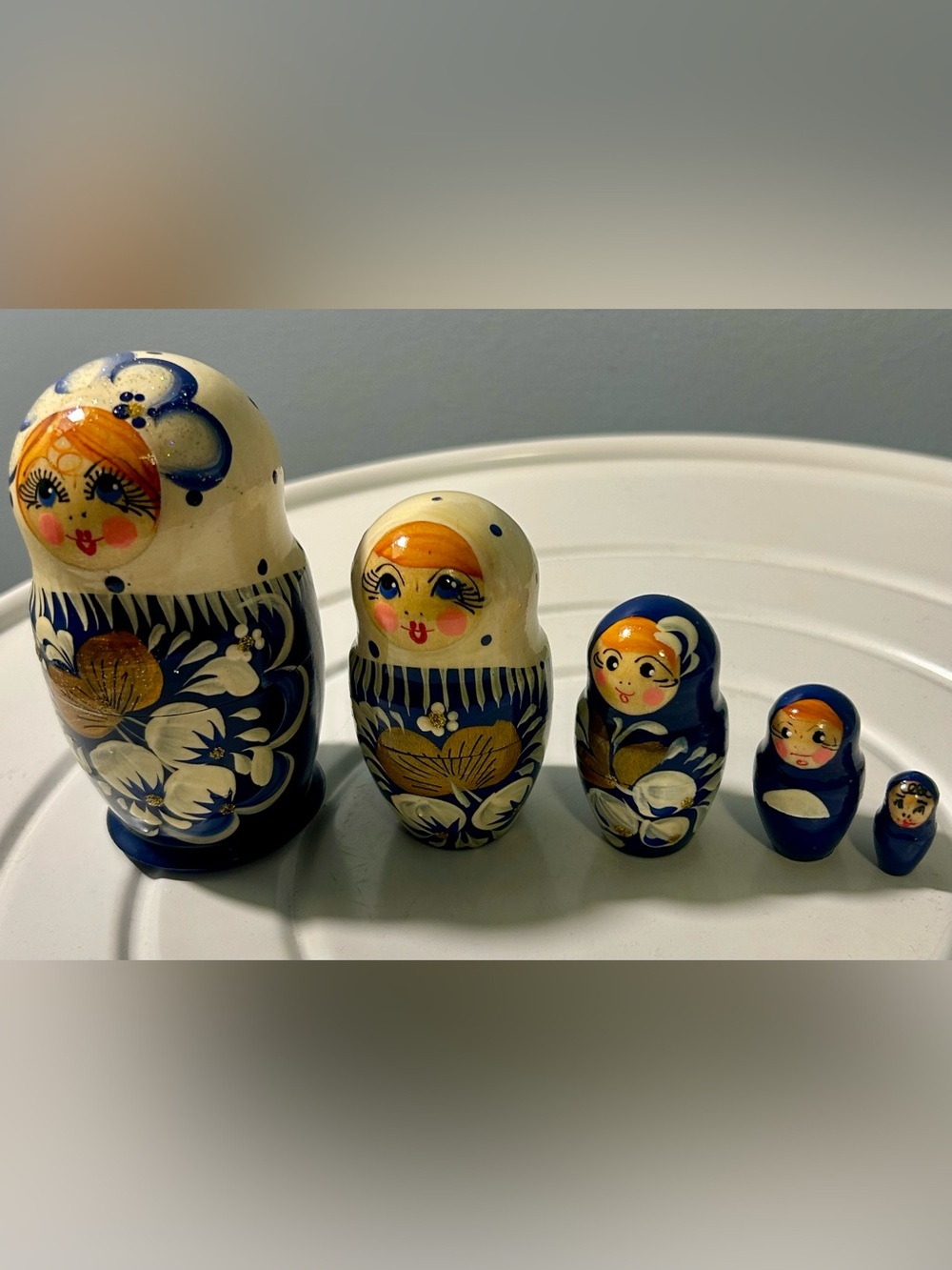 Hand-Painted Blue & White Russian Nesting Dolls with Gold Accents 5 Piece Set